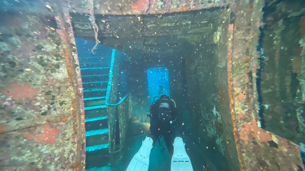 Photo d'un plongeur près de l'escalier de l'épave